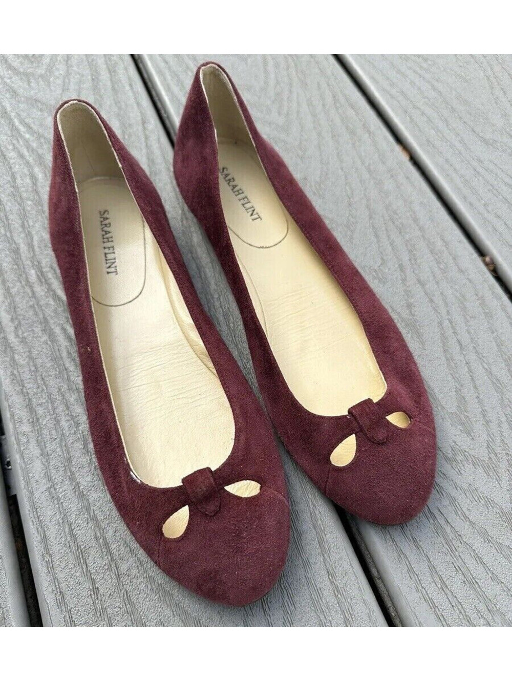 Sarah Flint Suede Lucille Ballet Flats Size 7 Round Toe Handmade Burgundy
